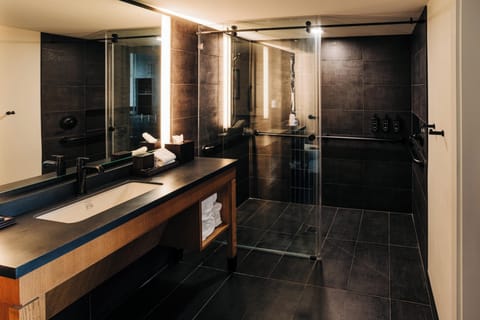 Shower, designer toiletries, hair dryer, towels