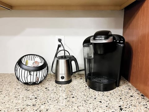 We have a Keurig Coffee maker for easy brewing. Use the milk frother to enhance the coffee experience. In the cupboard we also provide drip-coffee.