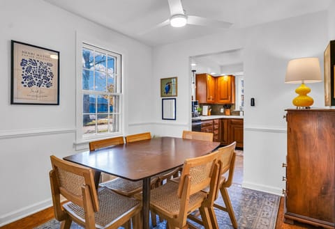 Enjoy the light of south-facing windows during the day or use the many charming lamps at night.