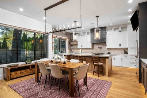 The lovely dining room is right by the kitchen.