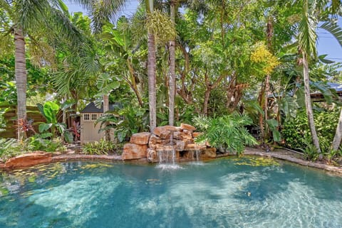 Enjoy the look and sound of a beautiful waterfall right in the backyard.