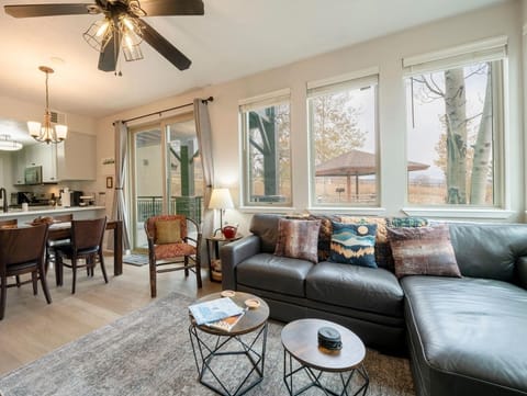 Sunny and spacious living area with lots of natural light. Queen-size sofa bed.