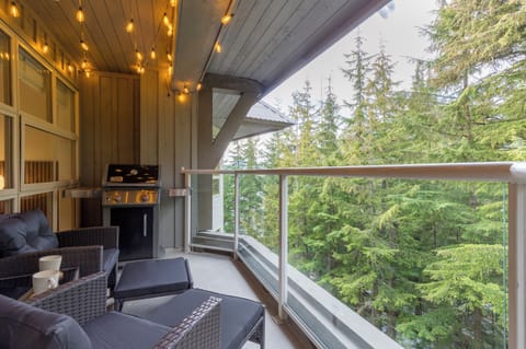 Private Patio with Weber BBQ, outdoor patio furniture and fun festoon lighting.