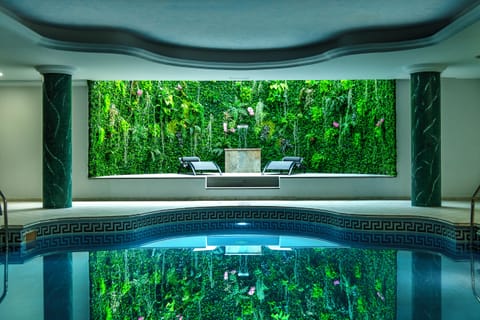 Indoor pool, outdoor pool, pool umbrellas, sun loungers