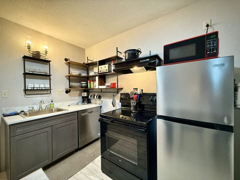 Kitchen fully equipped with a full refrigerator, oven/stove, dishwasher & microwave!