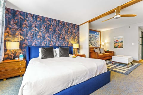 【Bedroom】King bed under the aspen art wall — earned sleep after 300" powder days