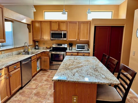 Well-equipped with microwave, toaster oven, coffee maker and more.