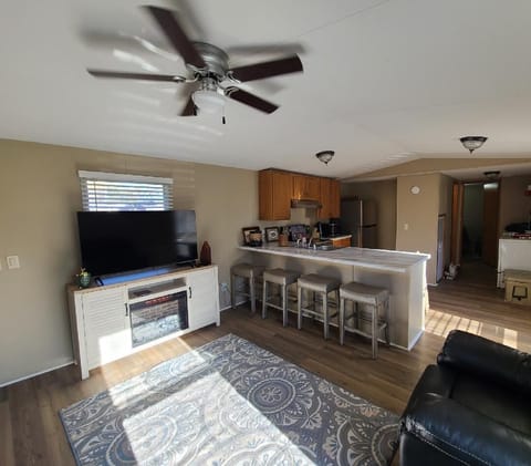 Living room with an electric fireplace & 55 inch smart tv