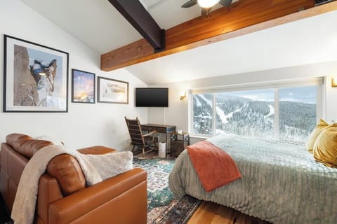 Queen bed, double size sleeper sofa & double size mattress in loft. 