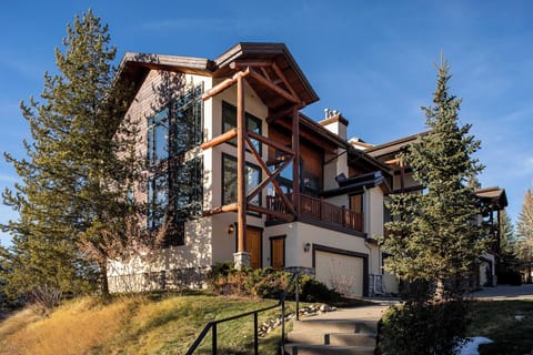 Modern mountain retreat featuring contemporary architecture with natural wood and stone elements set among mature evergreens.