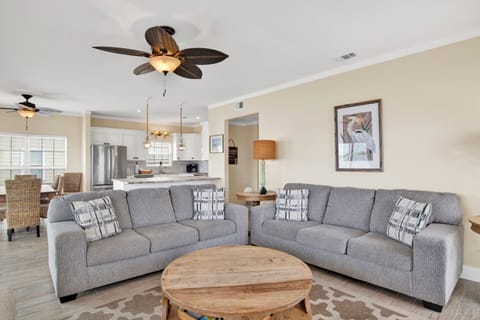 Comfortable seating, TV and a fireplace