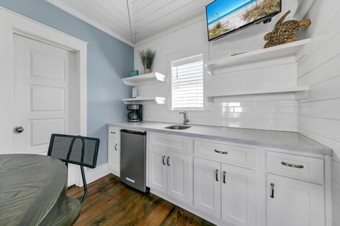 Coffee maker, mini-fridge, sink, and TV