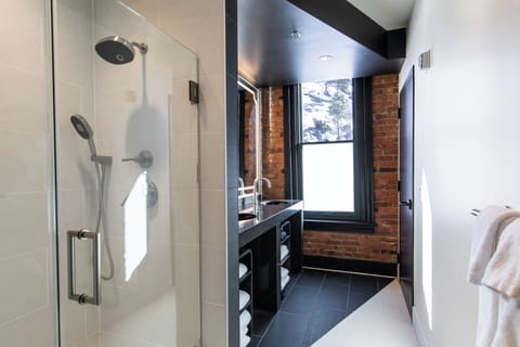 Shower, hydromassage showerhead, hair dryer, bathrobes