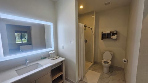 Shower, towels, soap, shampoo