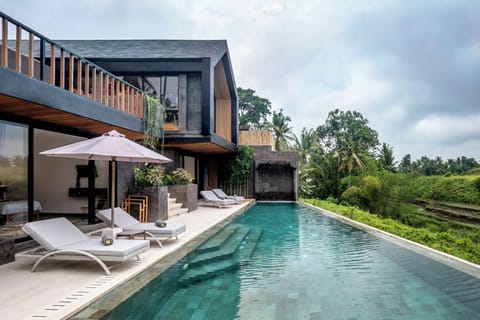 Outdoor pool, pool umbrellas, sun loungers