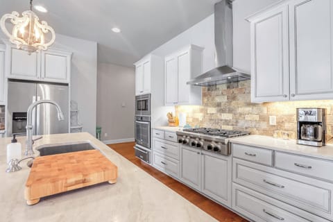 Commercial style range and ventahood.