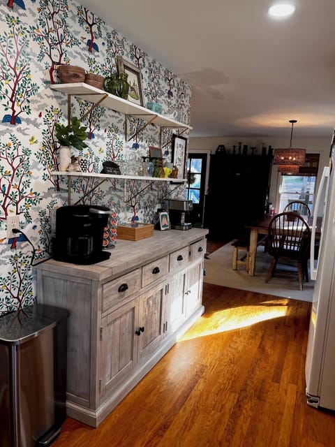 Coffee and tea bar: coffee maker, tea kettle,  Expresso maker, French press