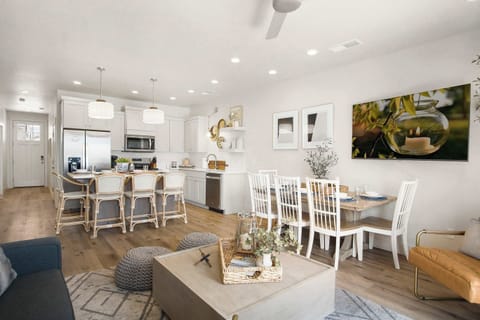 Dining, living, and kitchen area