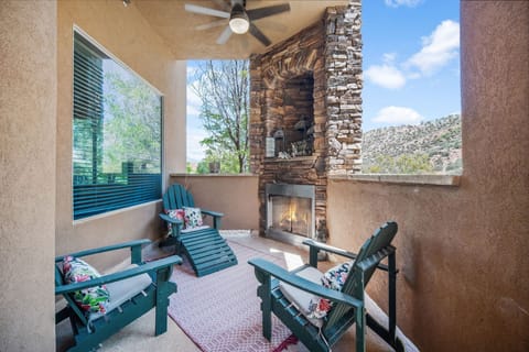 Private patio with comfy seating, bbq, and fireplace