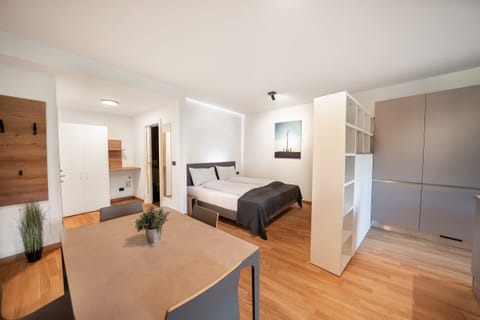 Dining area and sleeping space behind the room divider