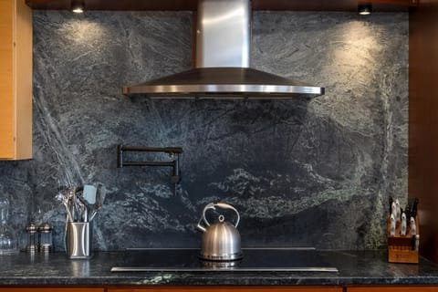 A 5-burner induction stove surrounded by soapstone backsplash and countertops is a chef's dream come true