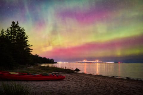 The Northern Lights over the Mackinaw Bridge, taken right from our beach.