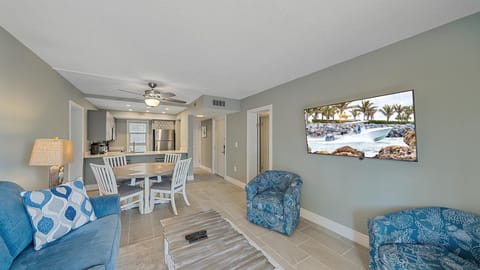 The spacious open-concept layout flows beautifully from the comfortable Smart TV lounge area to the gorgeous renovated kitchen, offering a perfect retreat for your Longboat Key vacation.