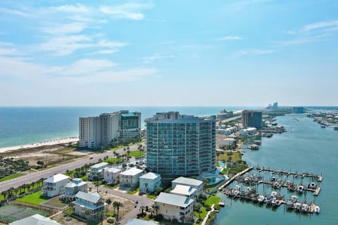A serene marina scene unfolds, with the vast expanse of the Gulf of Mexico providing a breathtaking backdrop. The gentle rhythm of the bay meets the boundless energy of the open sea.