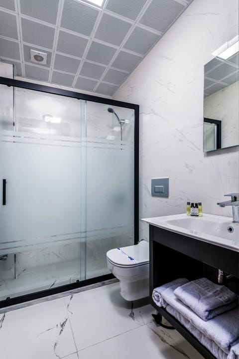 Shower, hair dryer, slippers, towels