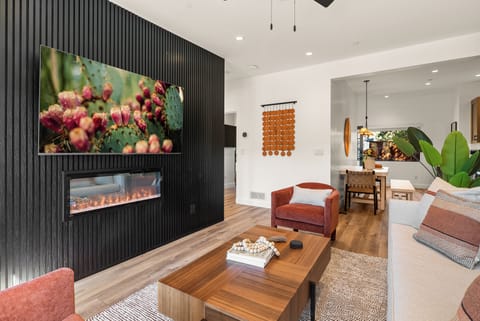 Living area with electric fireplace and 66 inch Roku Smart TV