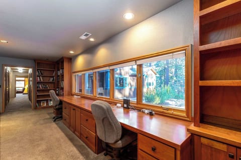 Office and library area with built in desks. 