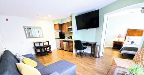 Cozy sofa bed and a new smart TV with all your favorite streaming apps.