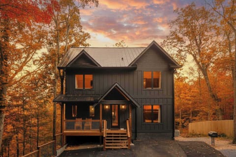 Modern black cabin surrounded by autumn trees at sunset
