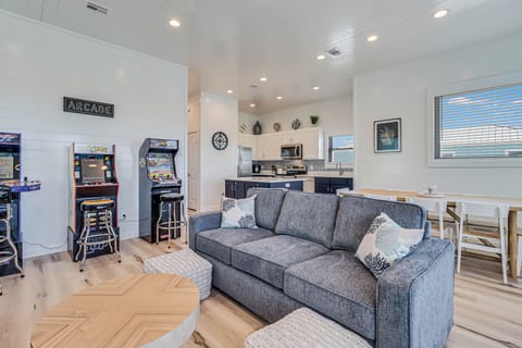 The sofa in the living room makes out into a sleeper