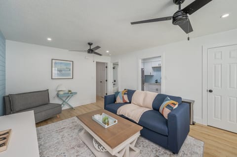 Stylish blue sofa and decor create a relaxing, inviting vibe.