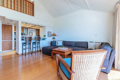 Living area with view of primary loft