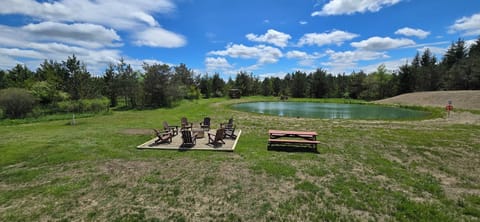 View of backyard with te pond and fire pit