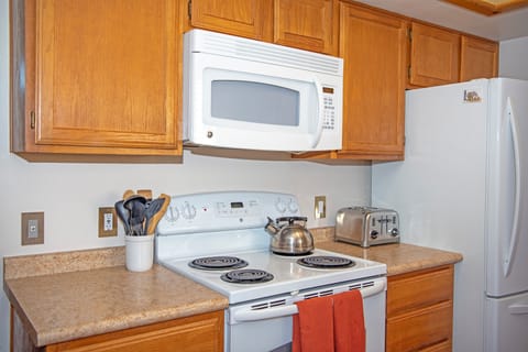 Kitchen with stove, microwave, fridge/freezer, dishwasher & disposal