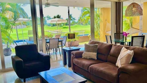 Living room with golf views