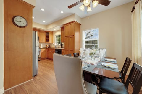 Dining room with view of the kitchen.