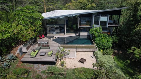 Drone view of Casa Ceibo's outdoor patio and pool