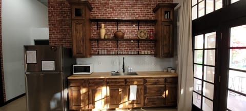 kitchenette with full size fridge for light cooking