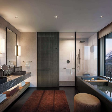 Separate tub and shower, deep soaking tub, rainfall showerhead