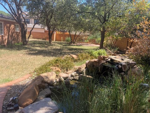 Koyfish and goldfish in pond. Large, private backyard. 