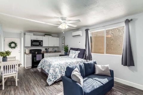 The studio is a spacious open floor plan for your enjoyment! All of the necessities for home will be provided during your stay.