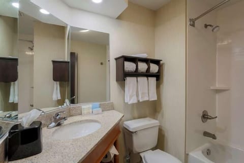 Combined shower/tub, hair dryer, towels, soap