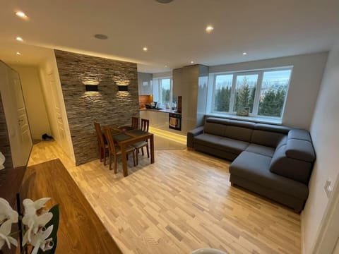Open plan living room with corner sofa bed