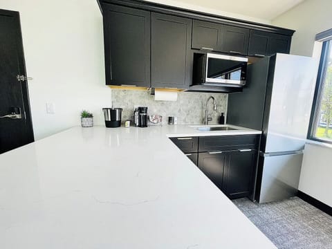 Fully equipped with stainless steel appliances and sleek cabinetry, this kitchen is perfect for preparing meals while enjoying natural light streaming through the large windows.