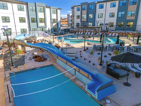 waterslide, volleyball, lazy river