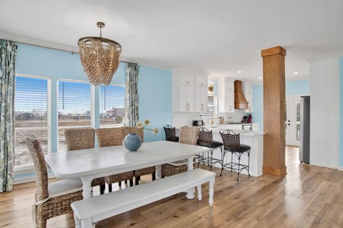 The dining table seats 8